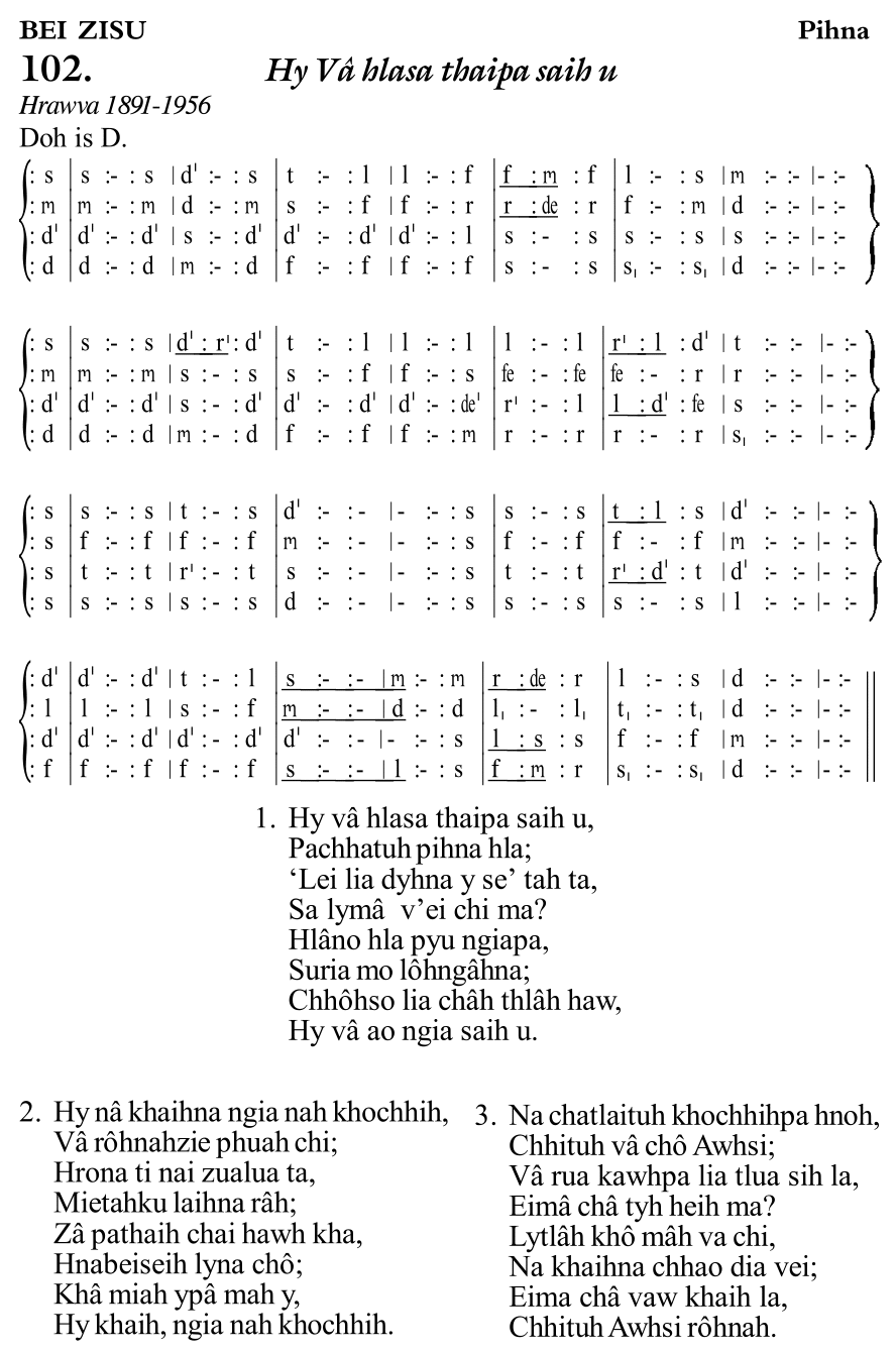Hymn 102, “Hy Vâ hlasa thaipa saih u”, Edition 11
