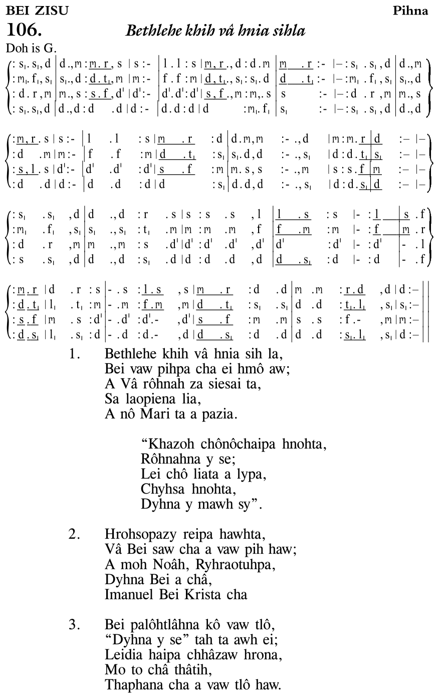 Hymn 106, “Bethlehe khih vâ hnia sihla”, Edition 11