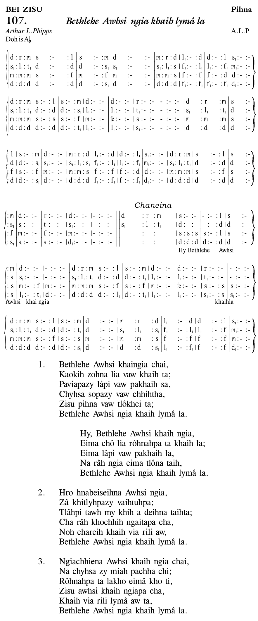Hymn 107, “Bethlehe Awhsi ngia khaih lymâ la”, Edition 11