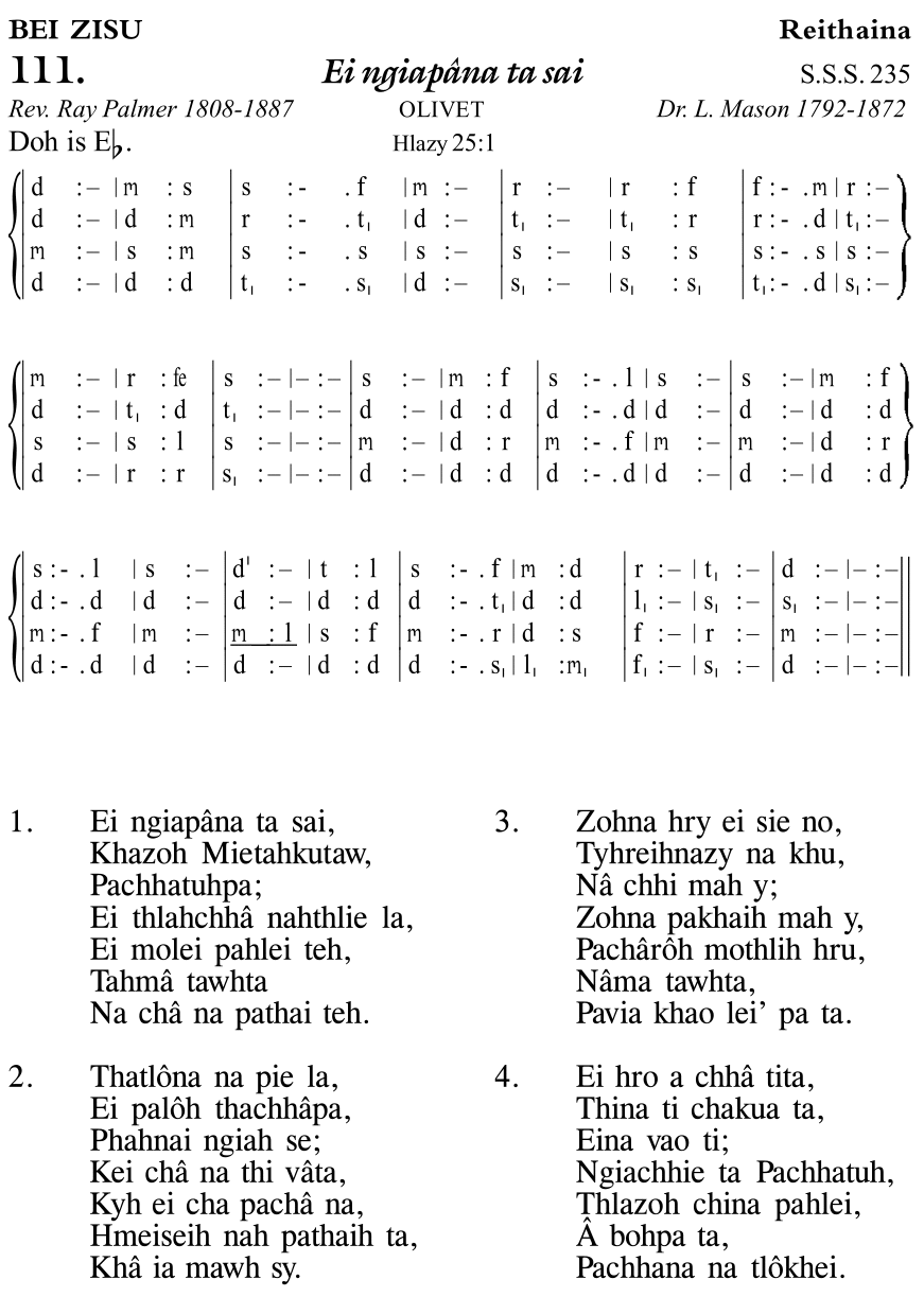 Hymn 111, “Ei ngiapâna ta sai”, Edition 11