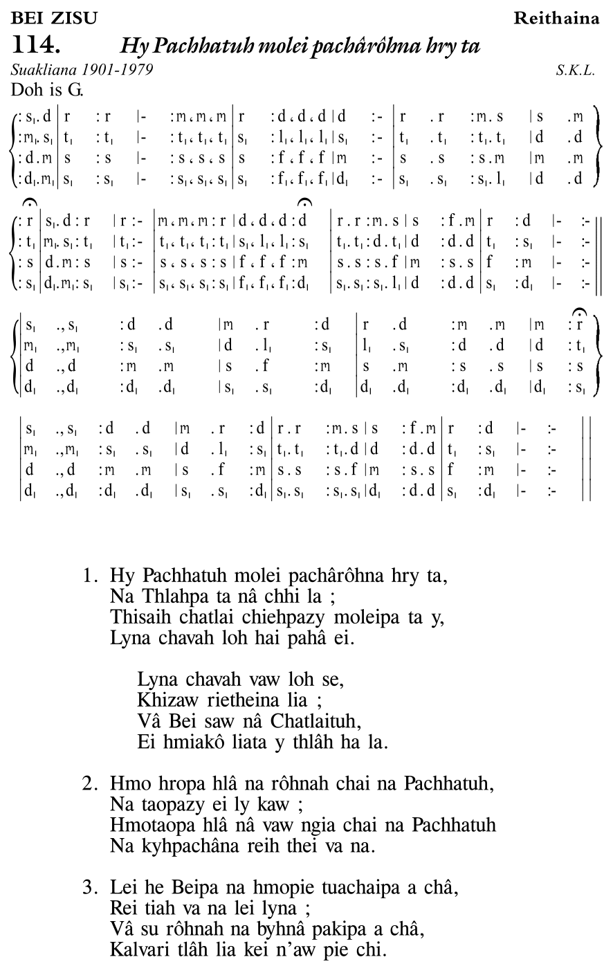Hymn 114, “Hy Pachhatuh molei pachârôhna hry ta”, Edition 11