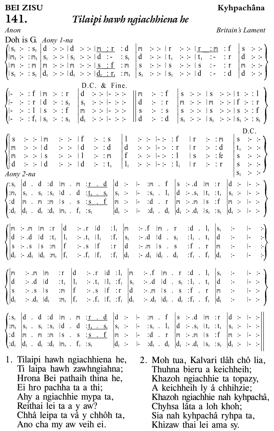 Hymn 141, “Tilaipi hawh ngiachhiena he”, Edition 11