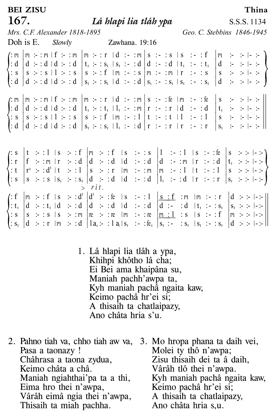 Hymn 167, “Lâ hlapi lia tlâh ypa”, Edition 11