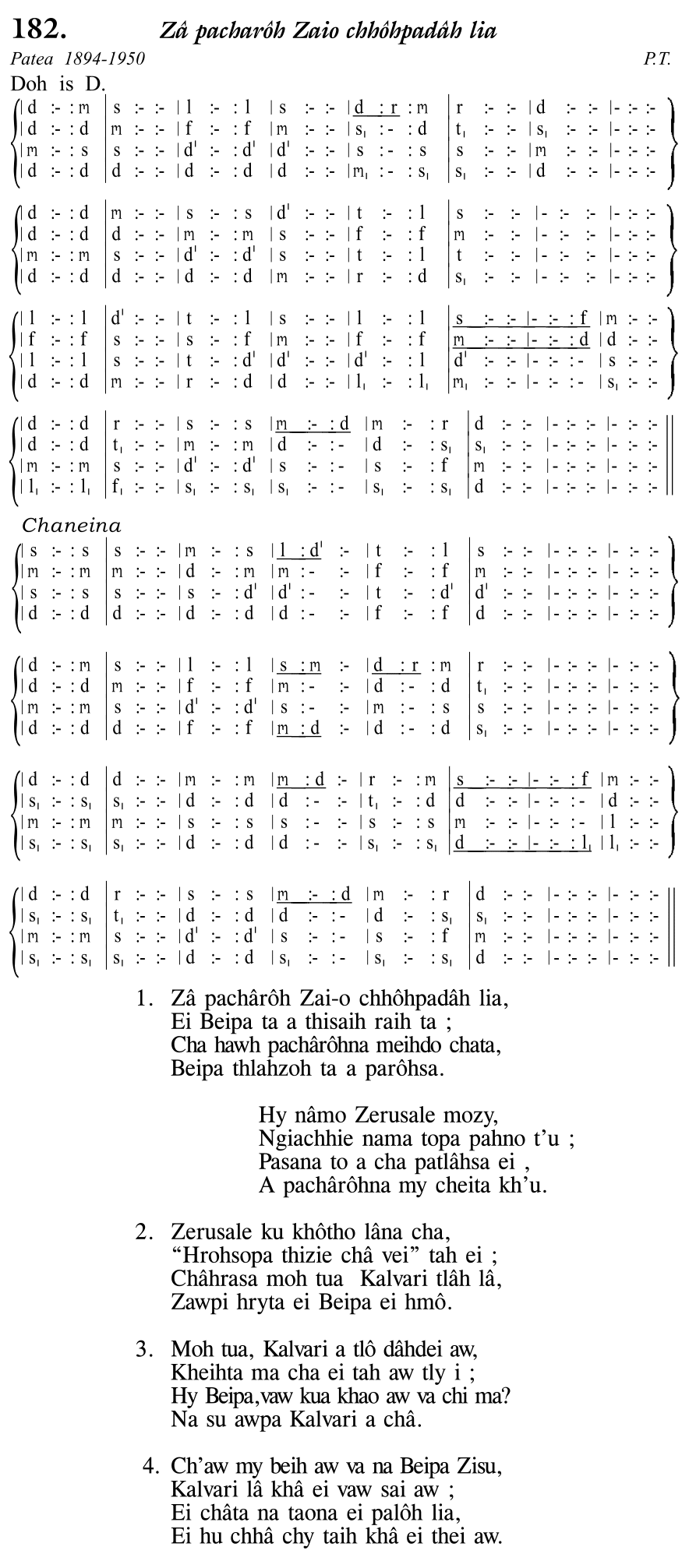 Hymn 182, “Zâ pacharôh Zaio chhôhpadâh lia”, Edition 11