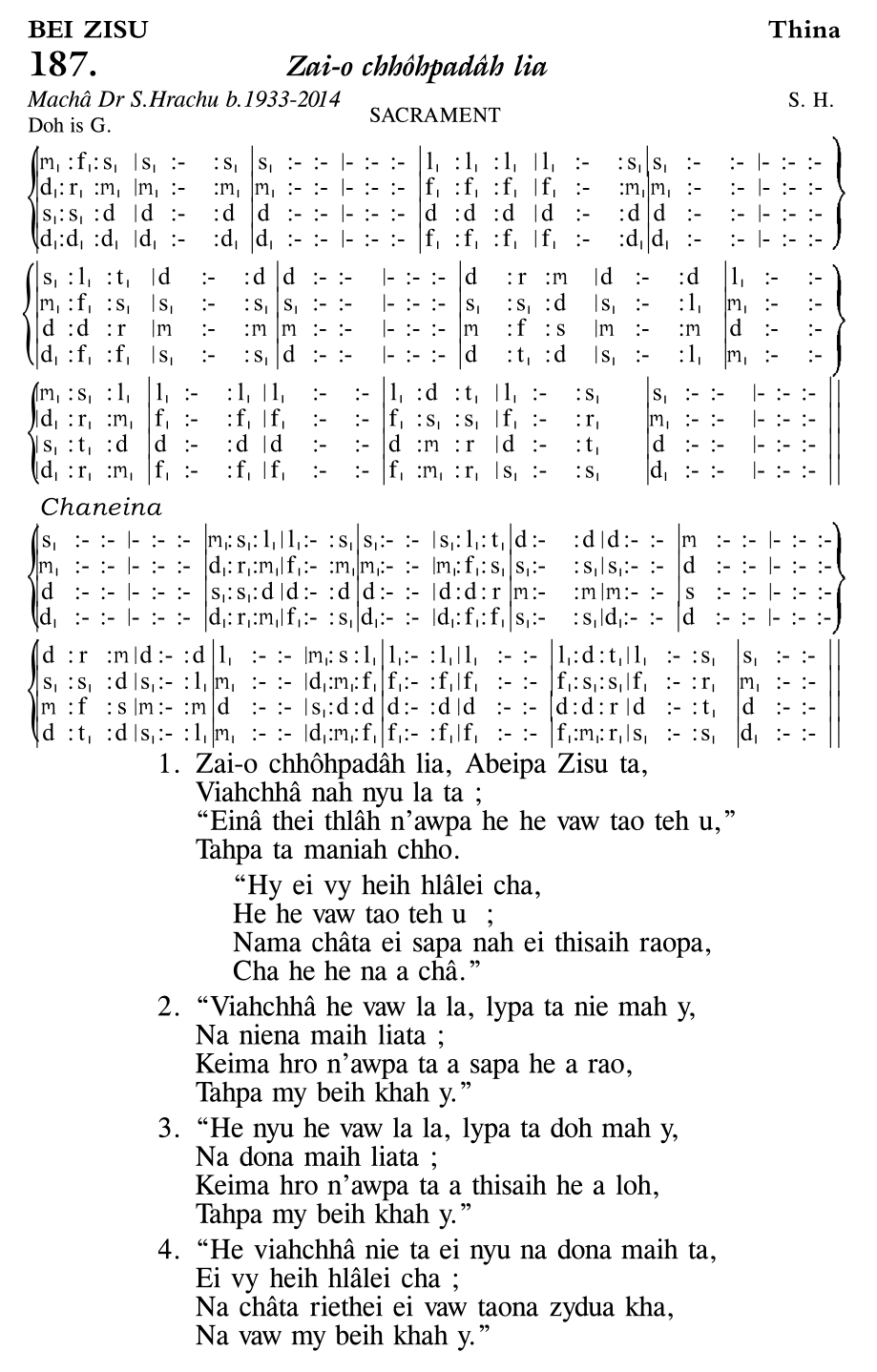 Hymn 187, “Zai-o chhôhpadâh lia”, Edition 11