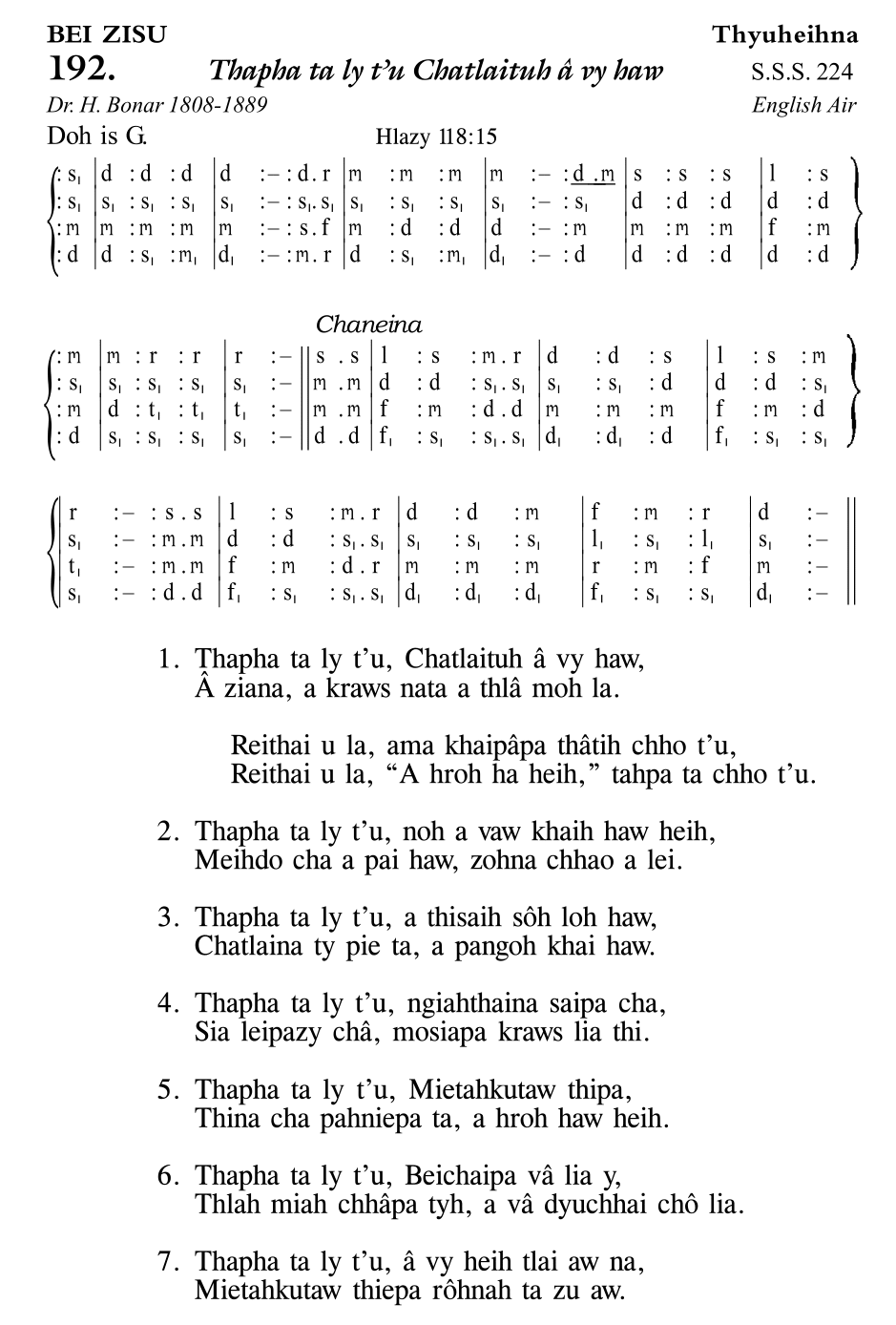 Hymn 192, “Thapha ta ly t'u Chatlaituh â vy haw”, Edition 11