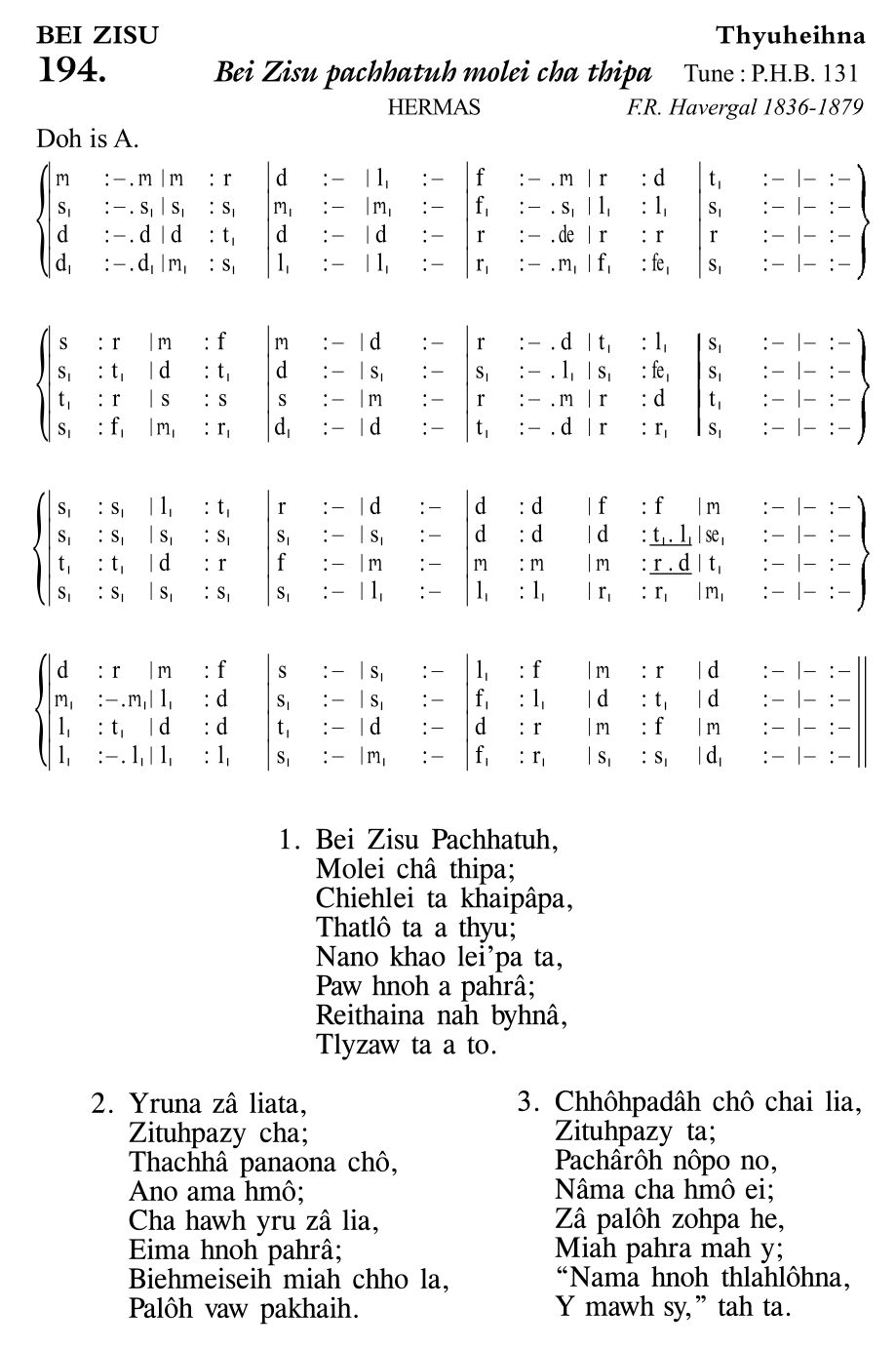 Hymn 194, “Bei Zisu pachhatuh molei cha thipa”, Edition 11