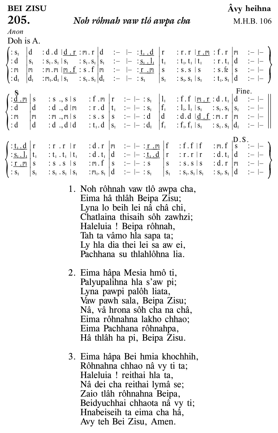 Hymn 205, “Noh rôhnah vaw tlô awpa cha”, Edition 11