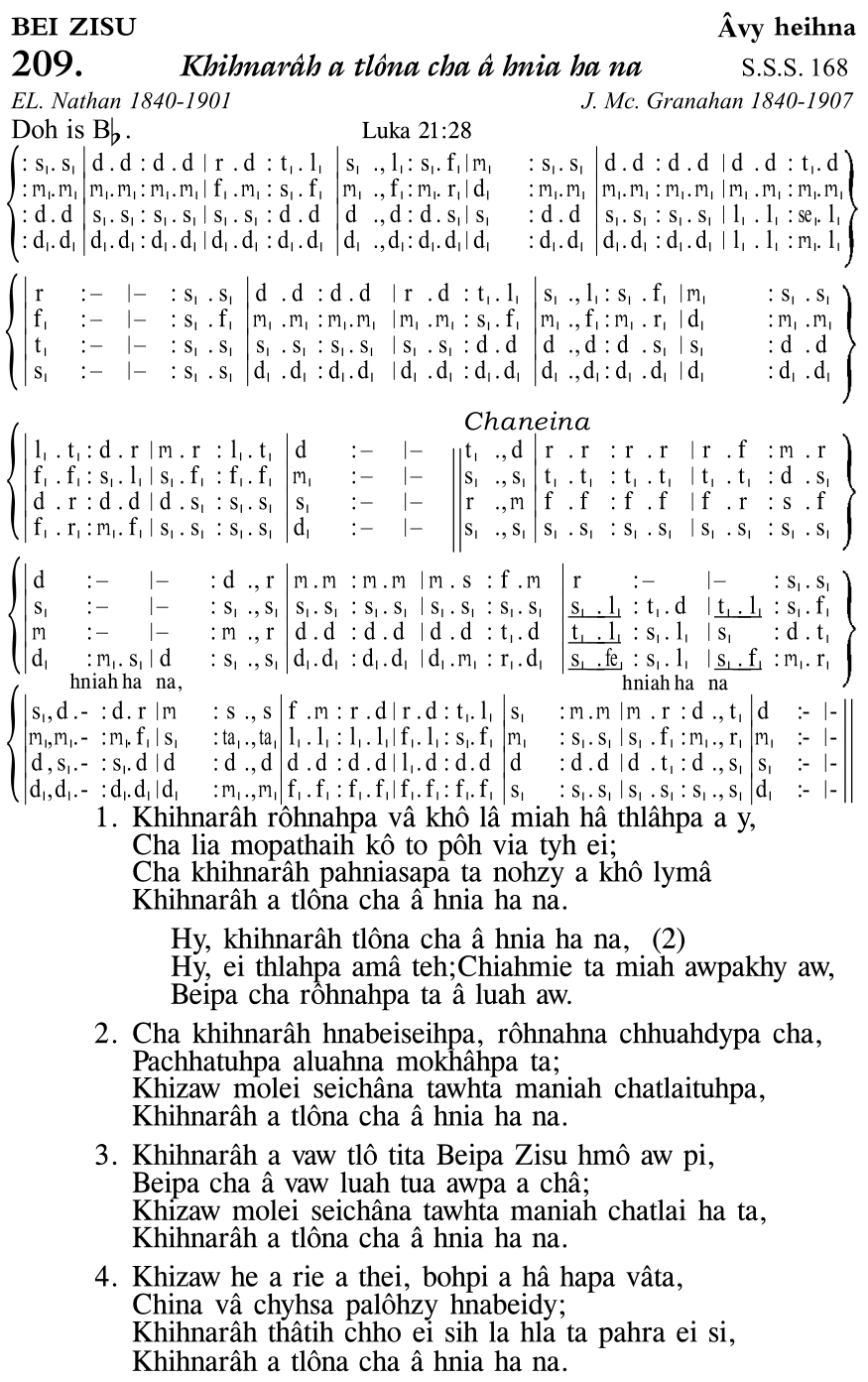 Hymn 209, “Khihnarâh a tlôna cha â hnia ha na”, Edition 11