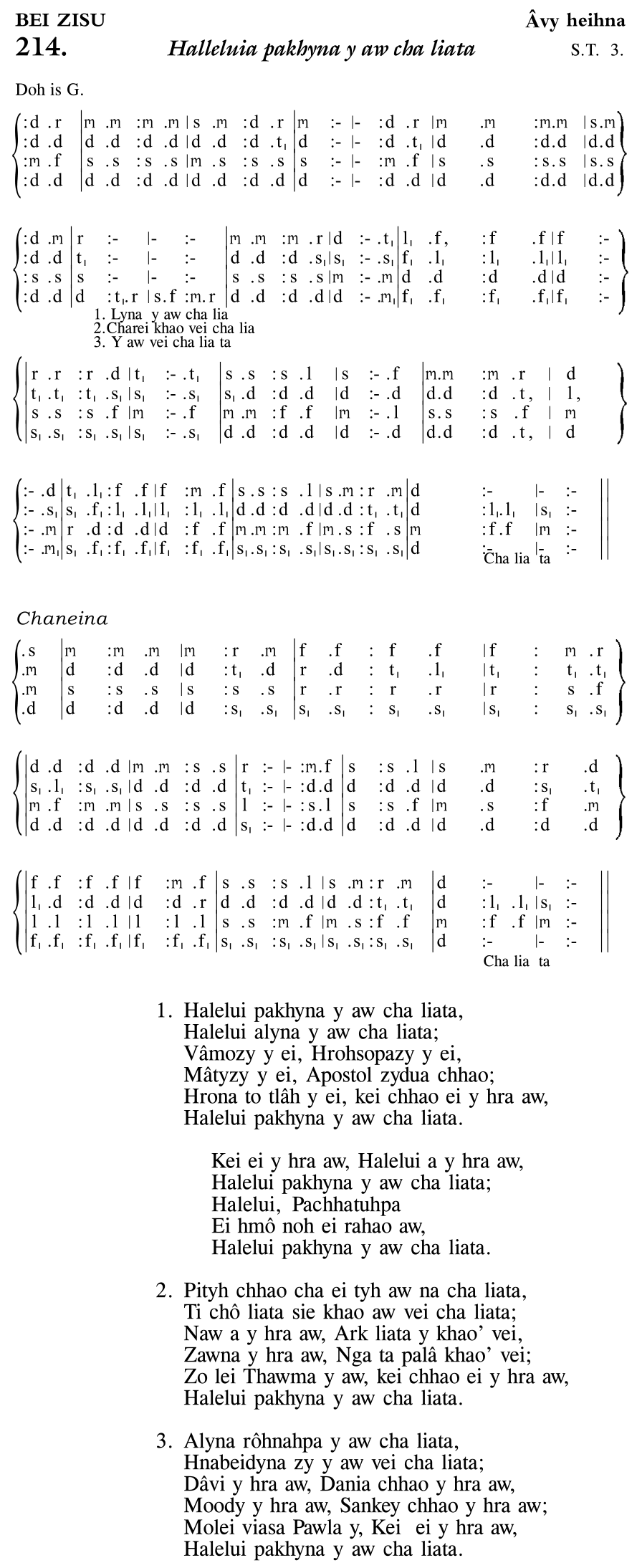 Hymn 214, “Halleluia pakhyna y aw cha liata”, Edition 11