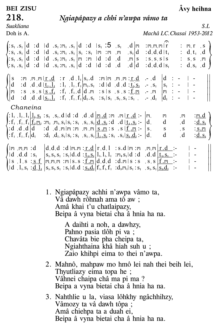 Hymn 218, “Ngiapâpazy a chhi n'awpa vâmo ta”, Edition 11