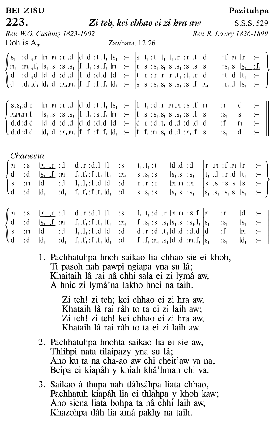 Hymn 223, “Zi teh, kei chhao ei zi hra aw”, Edition 11