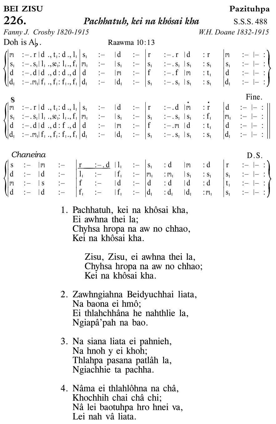 Hymn 226, “Pachhatuh, kei na khôsai kha”, Edition 11