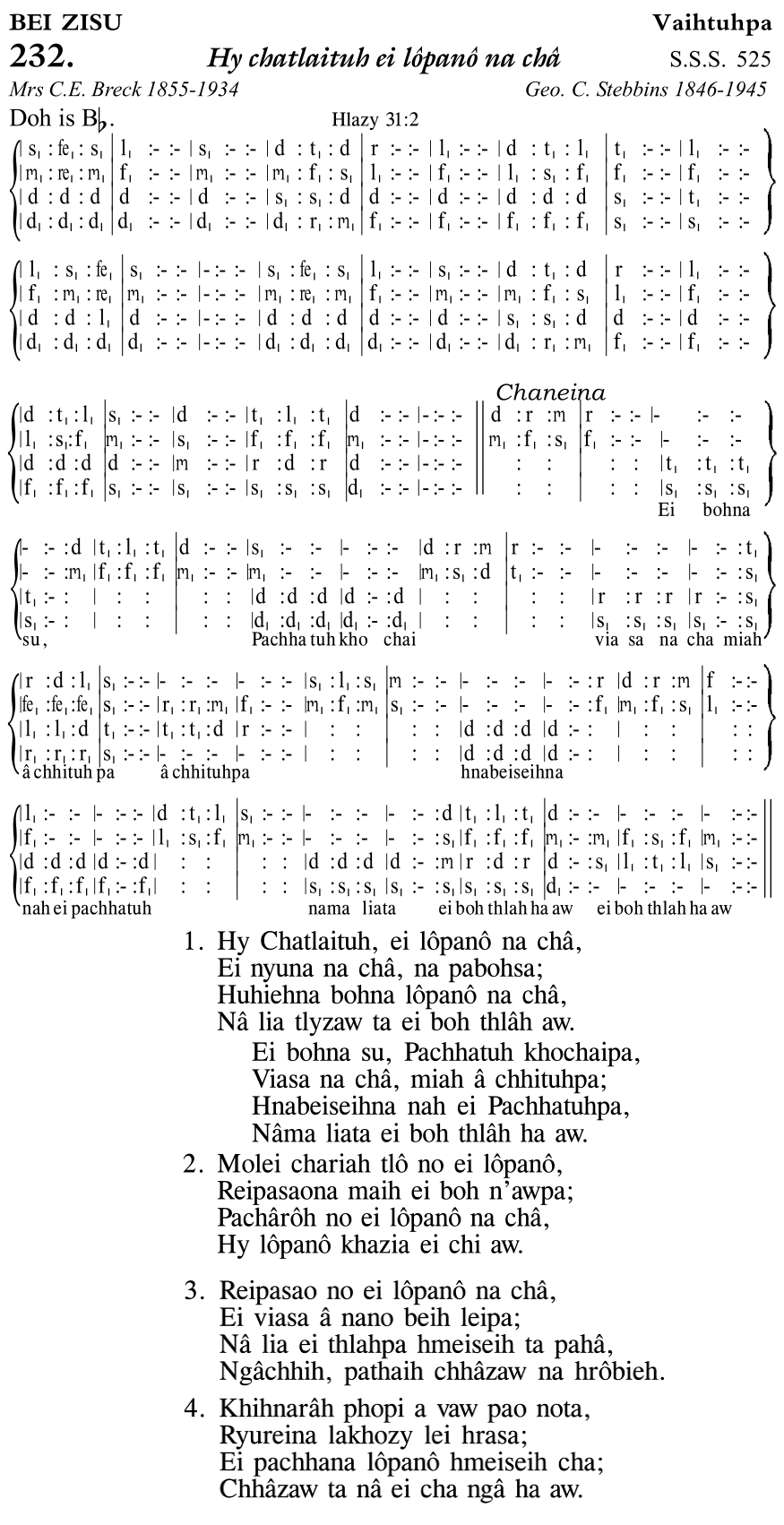 Hymn 232, “Hy chatlaituh ei lôpanô na châ”, Edition 11