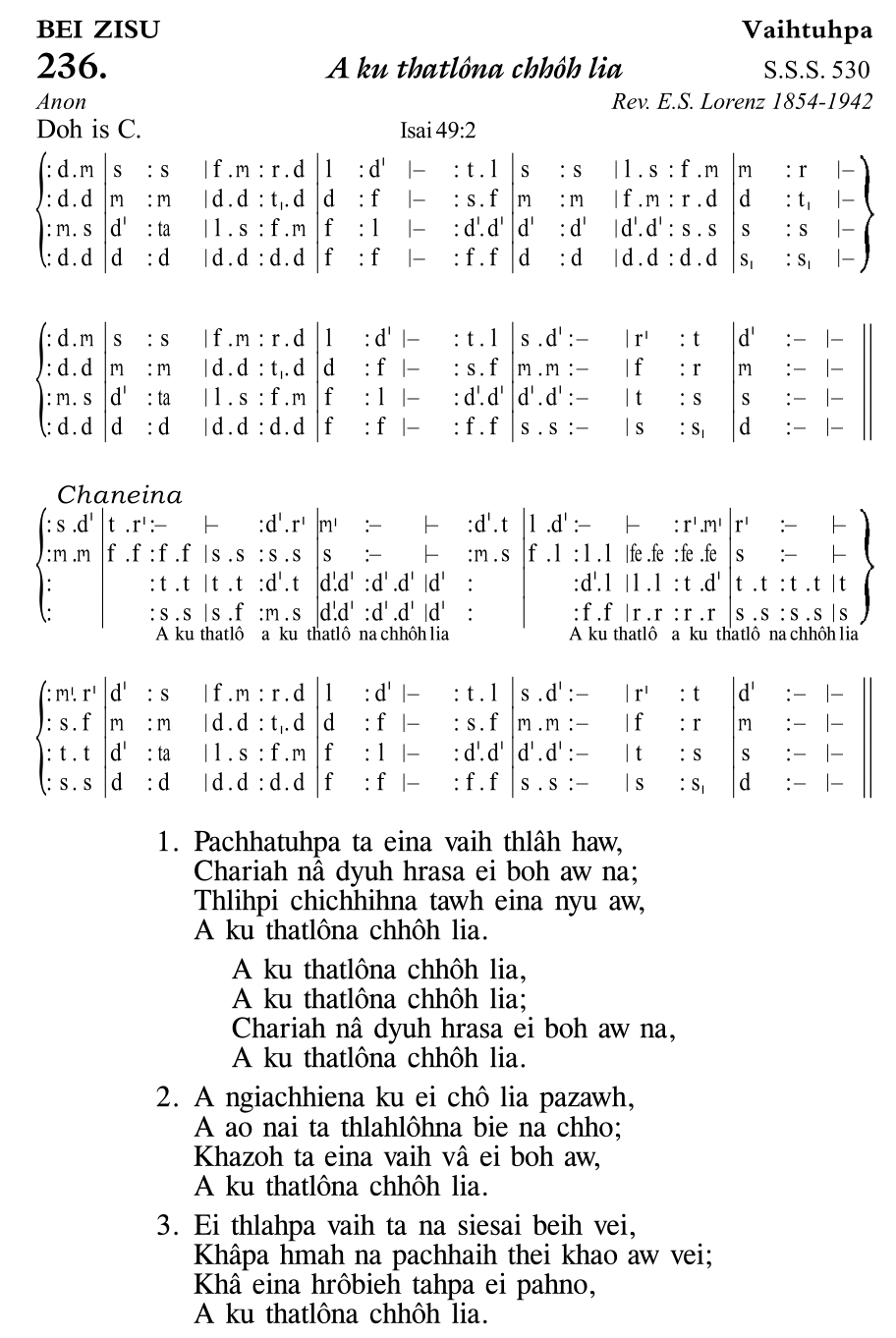 Hymn 236, “A ku thatlôna chhôh lia”, Edition 11