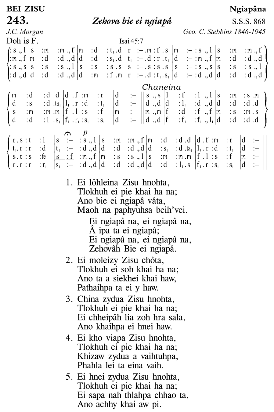 Hymn 243, “Zehova bie ei ngiapâ”, Edition 11