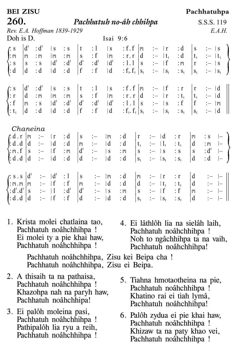 Hymn 260, “Pachhatuh no-âh chhihpa”, Edition 11