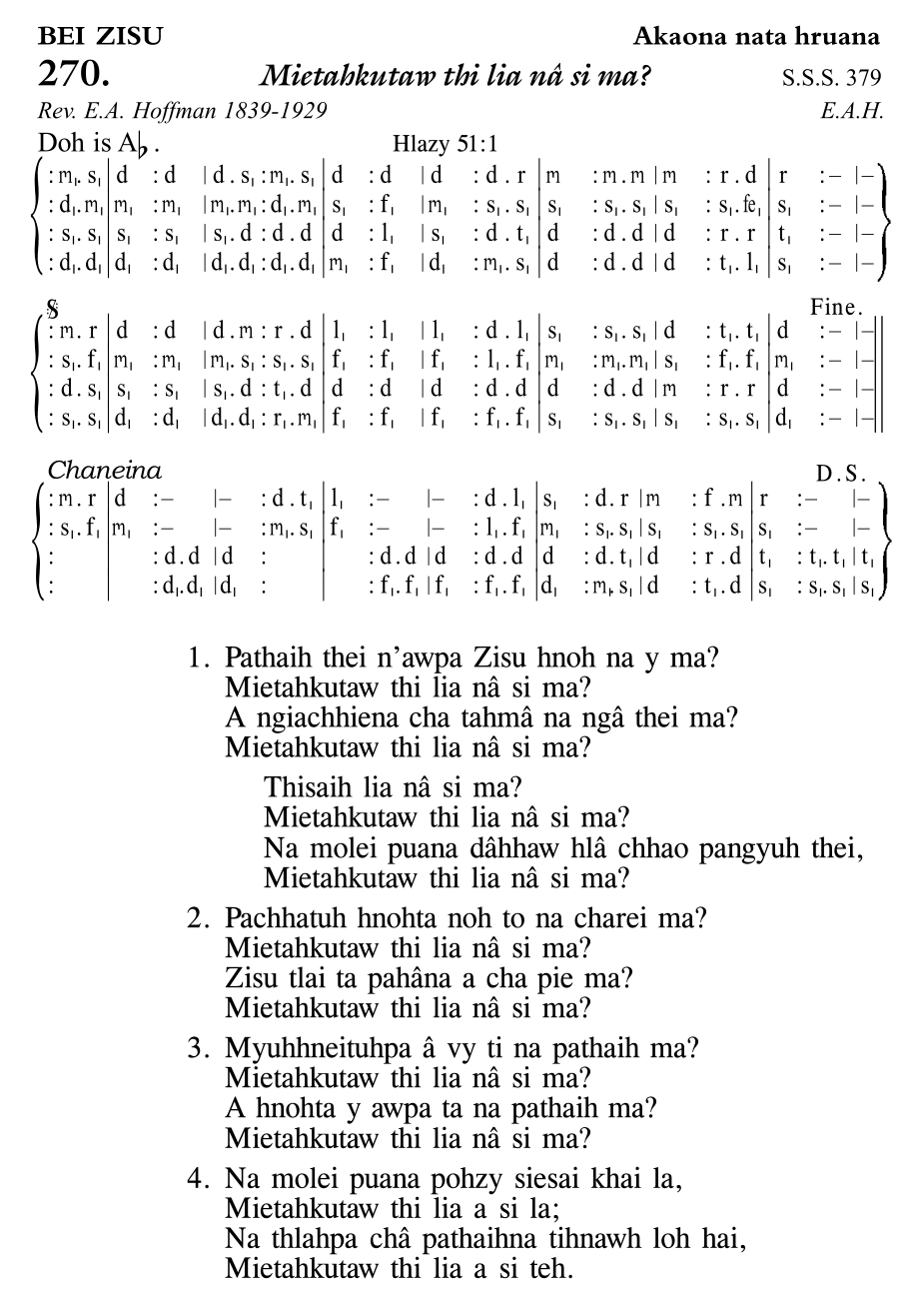 Hymn 270, “Mietahkutaw thi lia nâ si ma?”, Edition 11