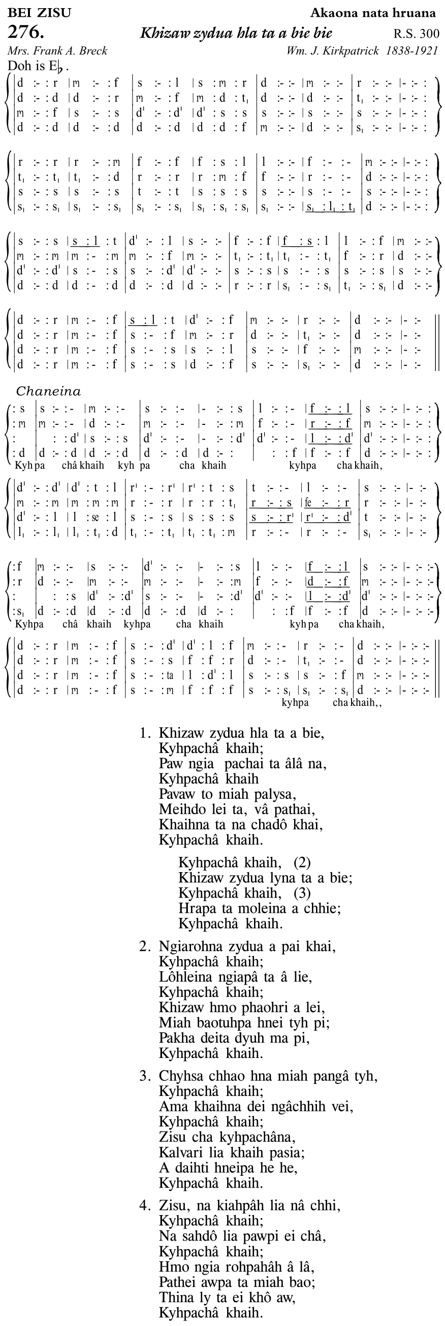 Hymn 276, “Khizaw zydua hla ta a bie bie”, Edition 11