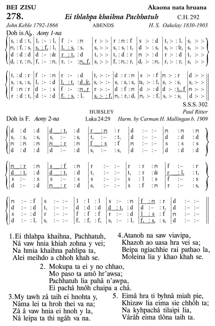 Hymn 278, “Ei thlahpa khaihna Pachhatuh”, Edition 11