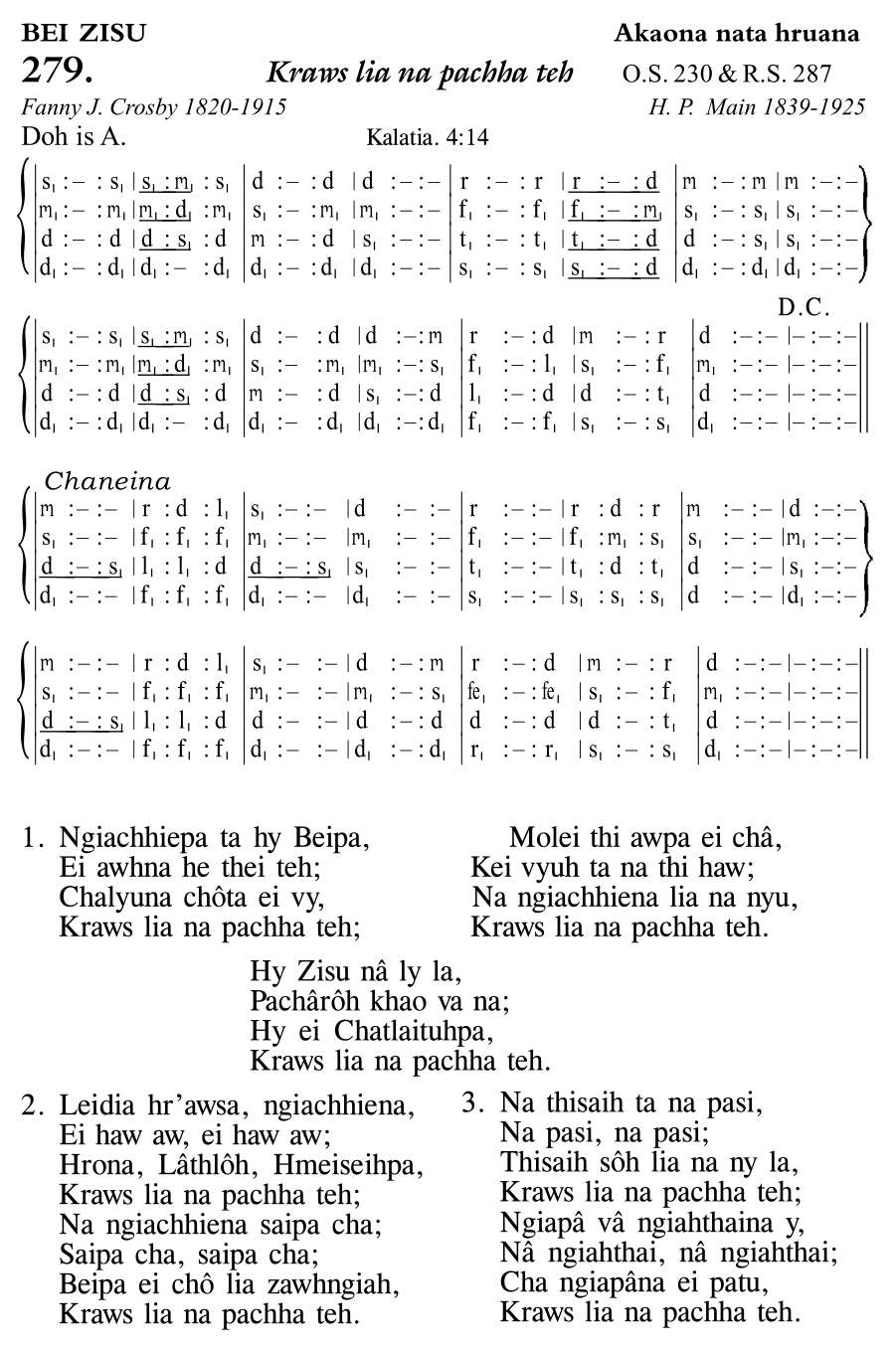 Hymn 279, “Kraws lia na pachha teh”, Edition 11