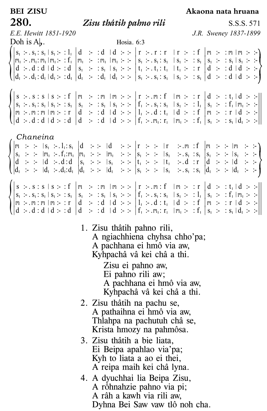 Hymn 280, “Zisu thâtih pahno rili”, Edition 11