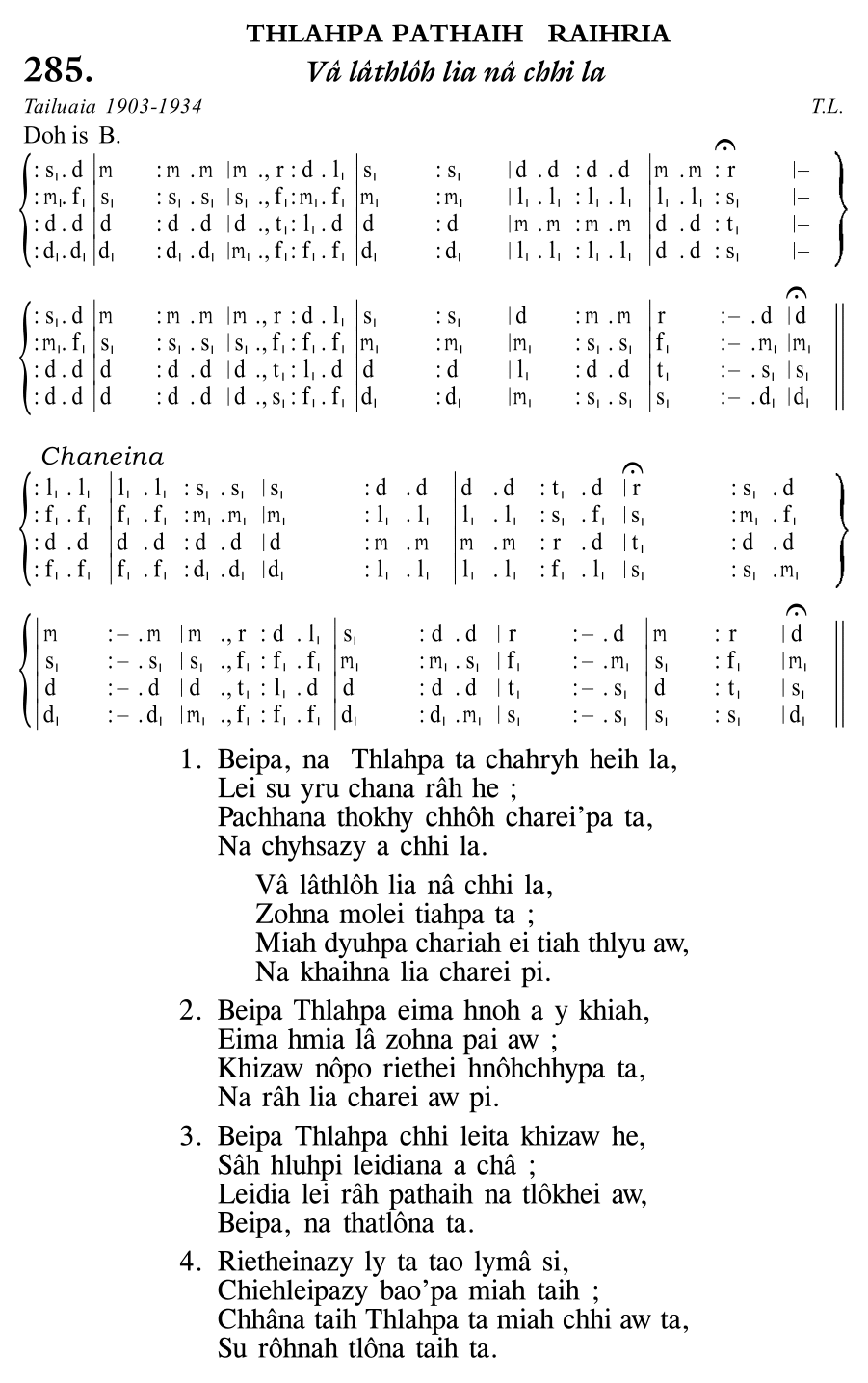 Hymn 285, “Vâ lâthlôh lia nâ chhi la”, Edition 11