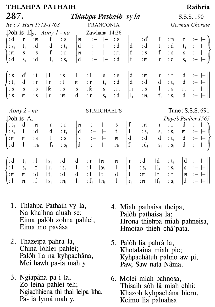Hymn 287, “Thlahpa Pathaih vy la”, Edition 11