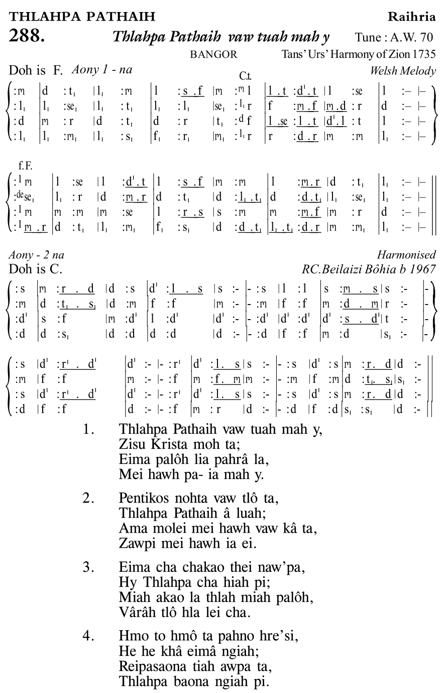 Hymn 288, “Thlahpa Pathaih vaw tuah mah y”, Edition 11