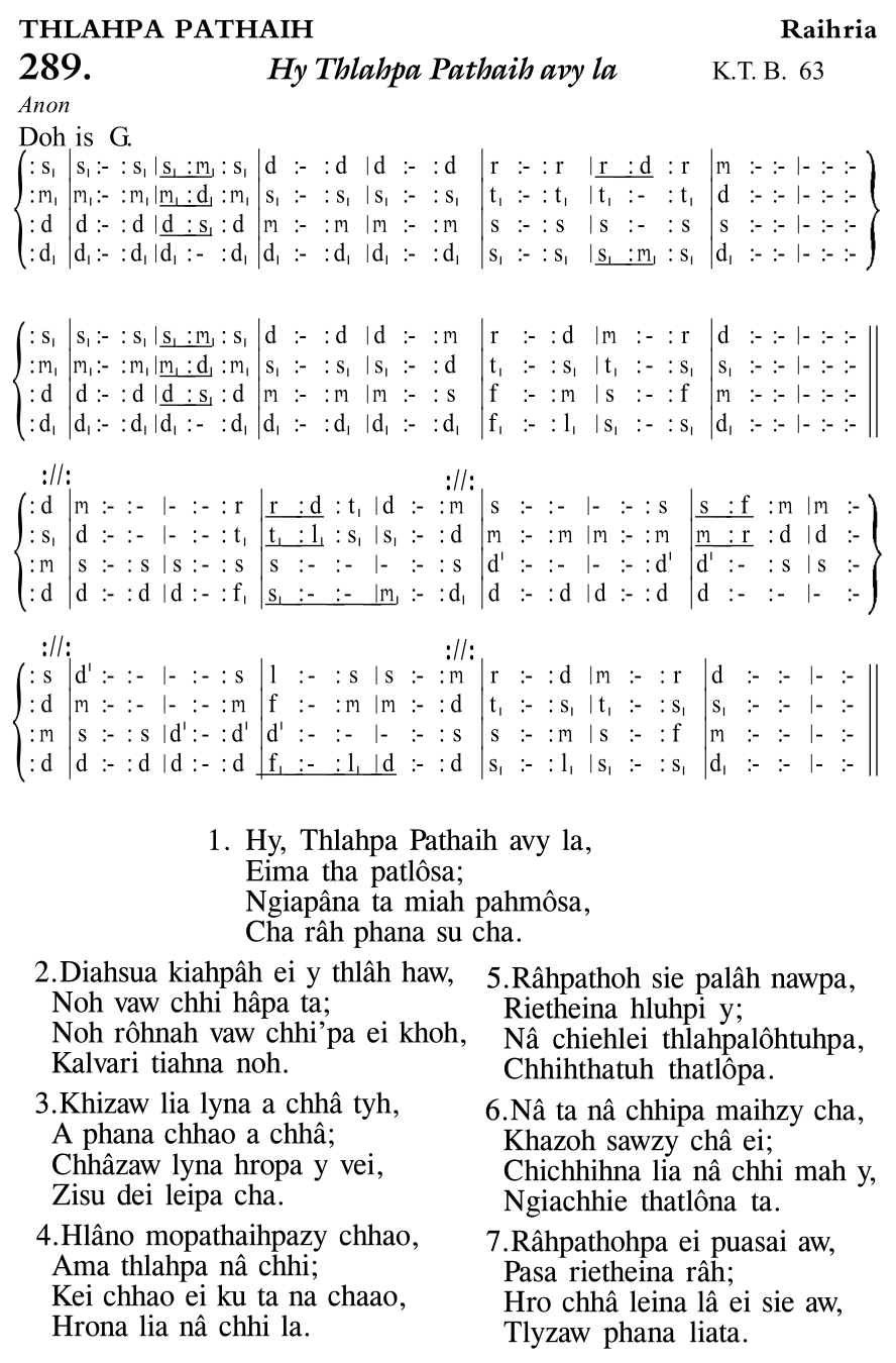 Hymn 289, “Hy Thlahpa Pathaih avy la”, Edition 11