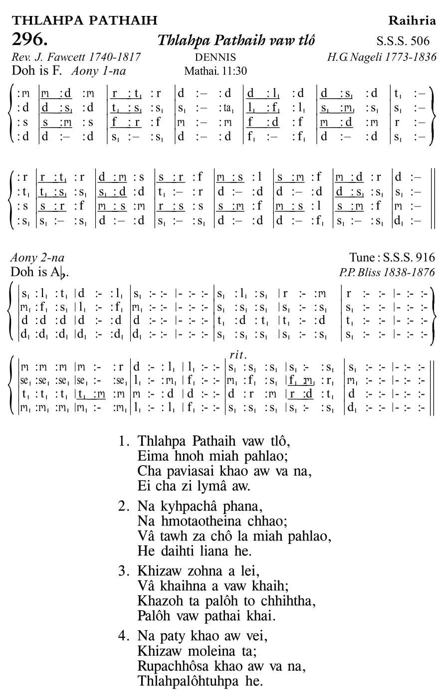 Hymn 296, “Thlahpa Pathaih vaw tlô”, Edition 11