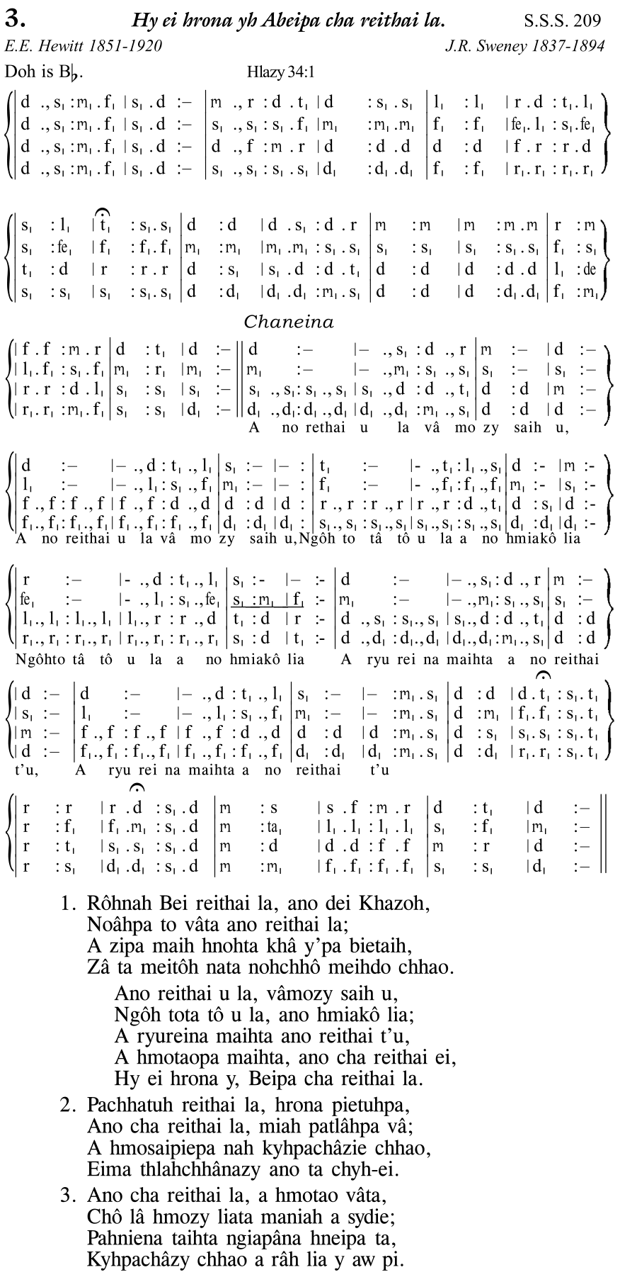 Hymn 3, “Hy ei hrona yh Abeipa cha reithai la.”, Edition 11