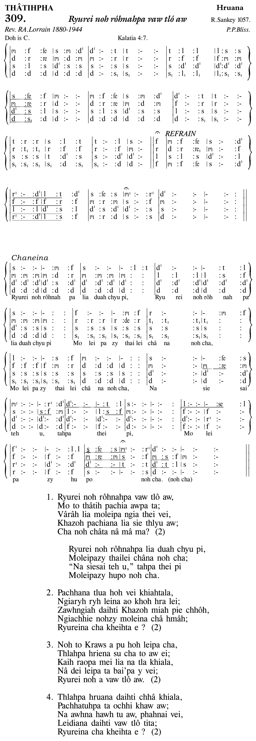Hymn 309, “Ryurei noh rôhnahpa vaw tlô aw”, Edition 11