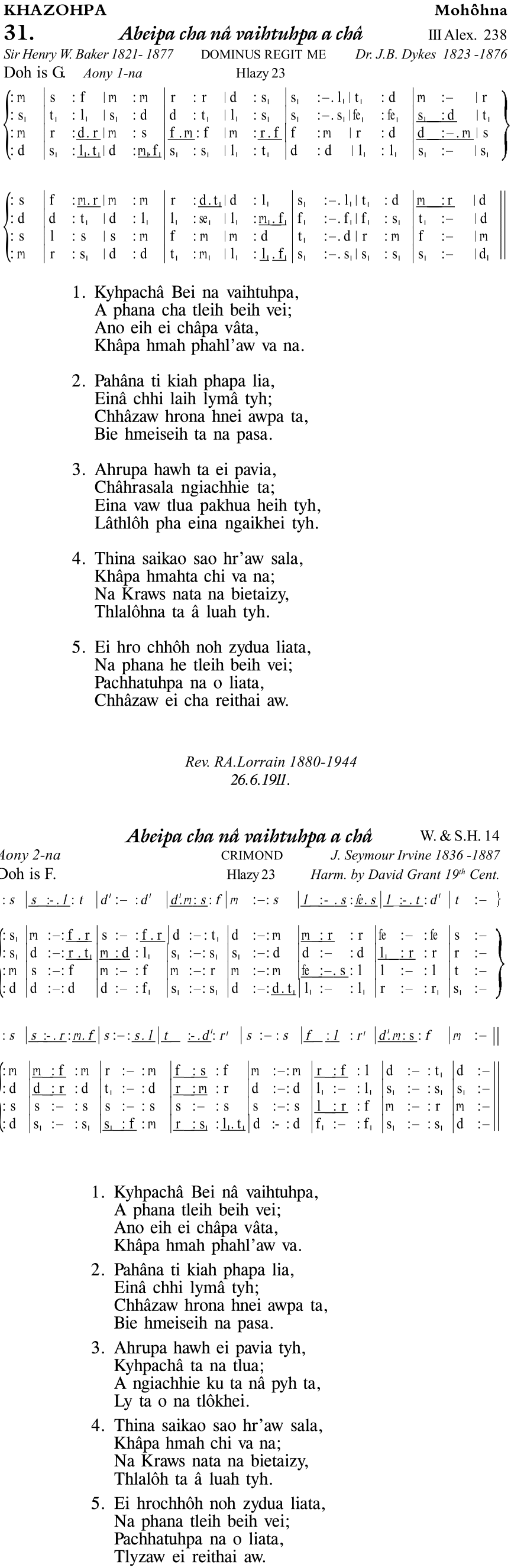 Hymn 31, “Abeipa cha nâ vaihtuhpa a châ”, Edition 11