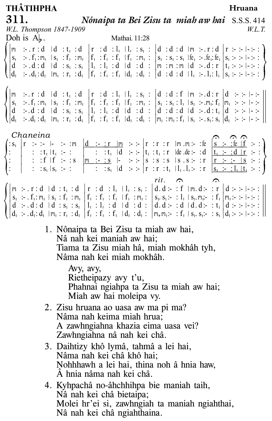 Hymn 311, “Nônaipa ta Bei Zisu ta miah aw hai”, Edition 11