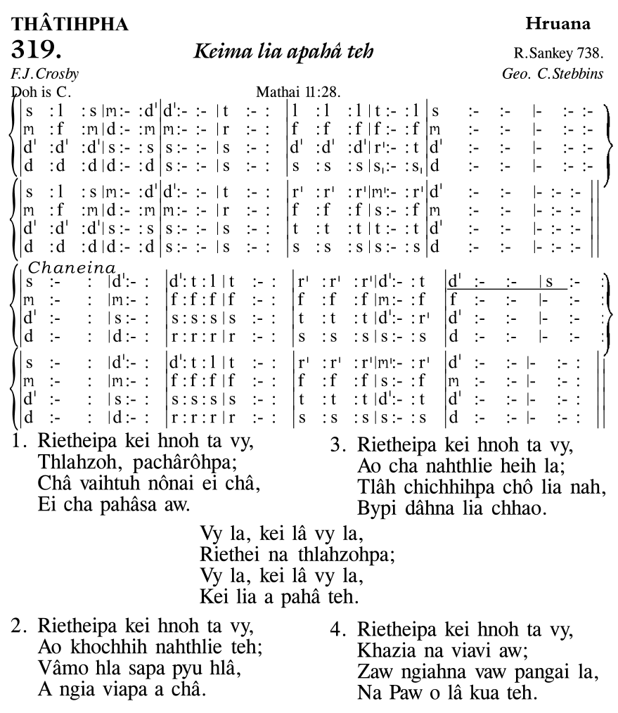 Hymn 319, “Keima lia apahâ teh”, Edition 11