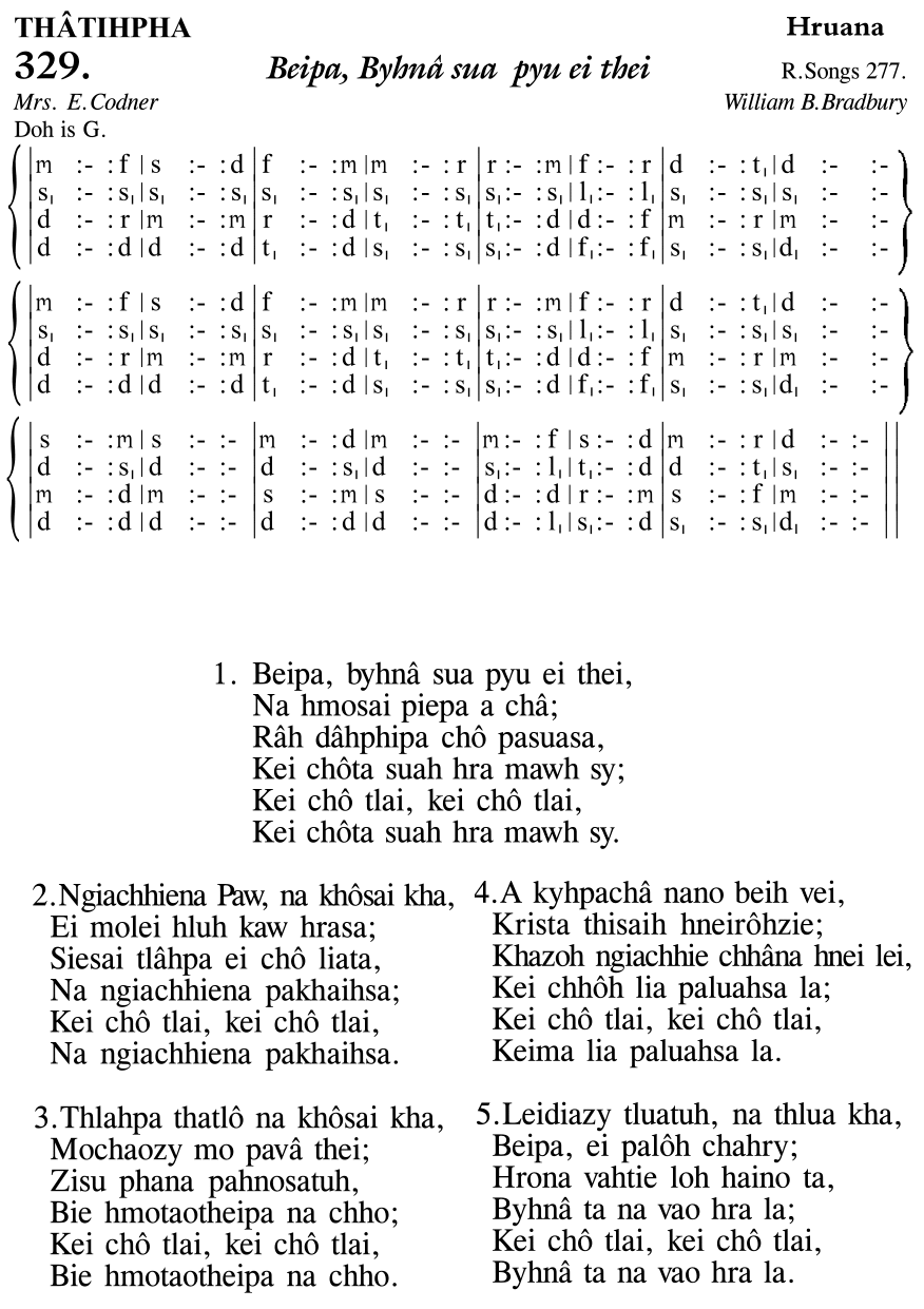 Hymn 329, “Beipa, Byhnâ sua pyu ei thei”, Edition 11