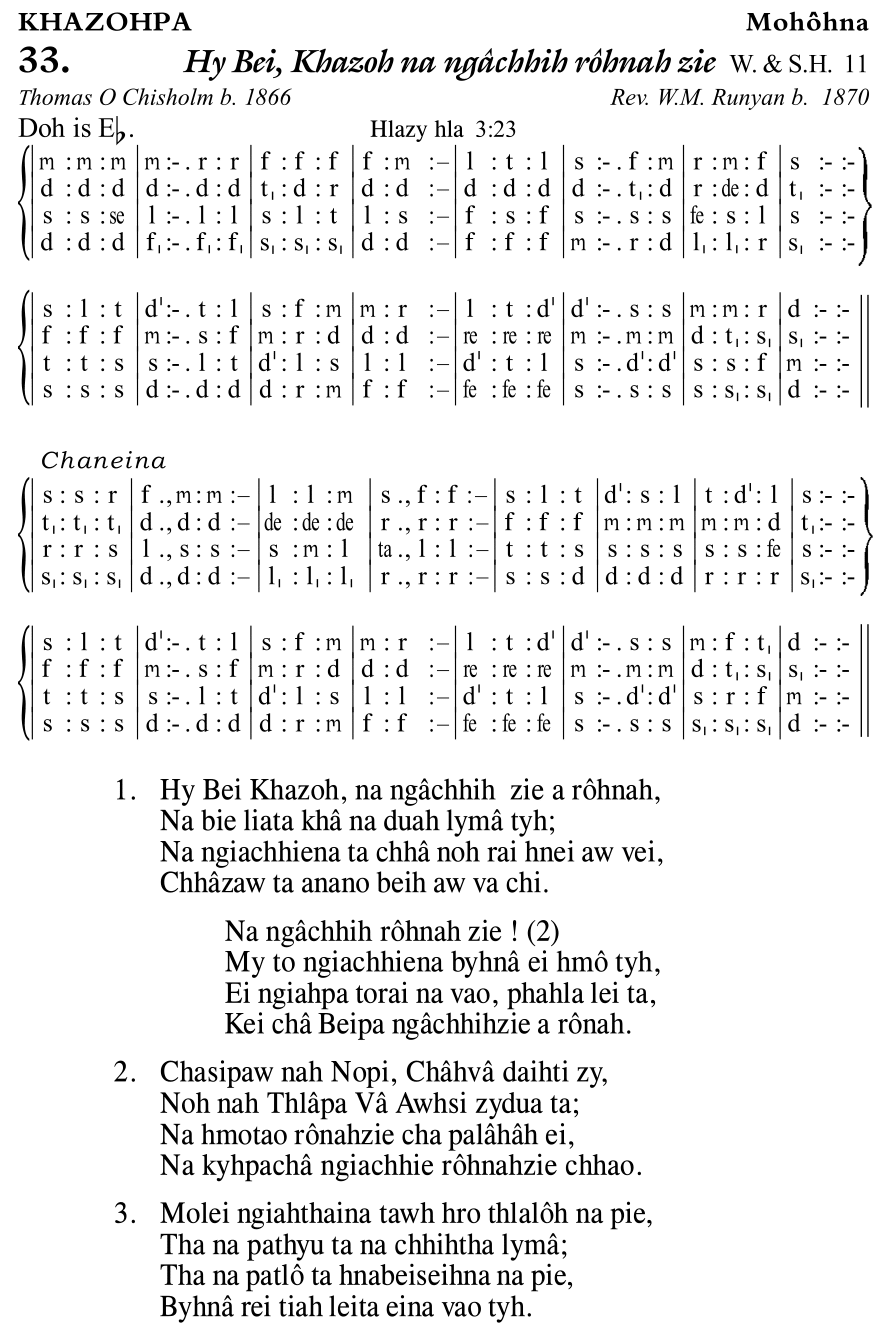 Hymn 33, “Hy Bei, Khazoh na ngâchhih rôhnah zie”, Edition 11