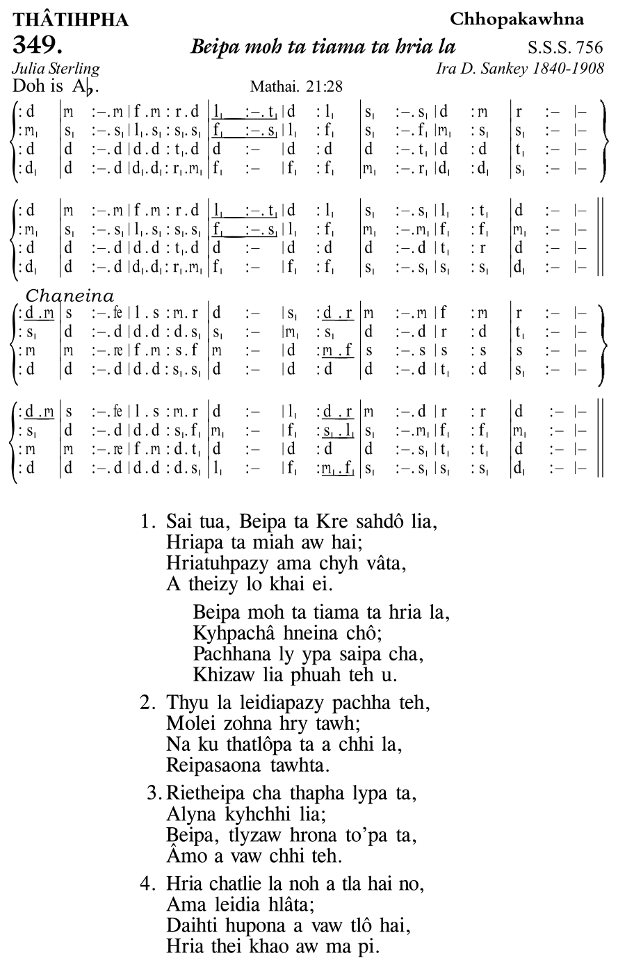 Hymn 349, “Beipa moh ta tiama ta hria la”, Edition 11