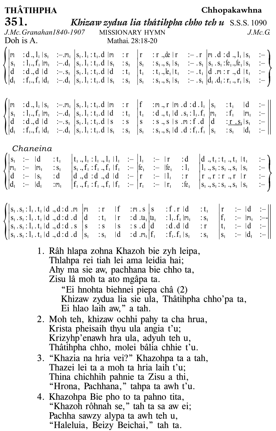 Hymn 351, “Khizaw zydua lia thâtihpha chho teh u”, Edition 11