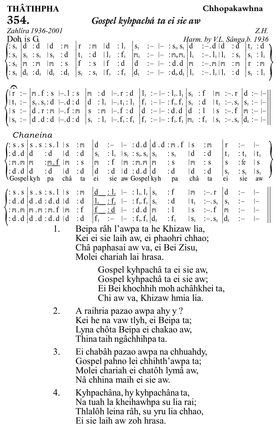 Hymn 354, “Gospel kyhpachâ ta ei sie aw”, Edition 11
