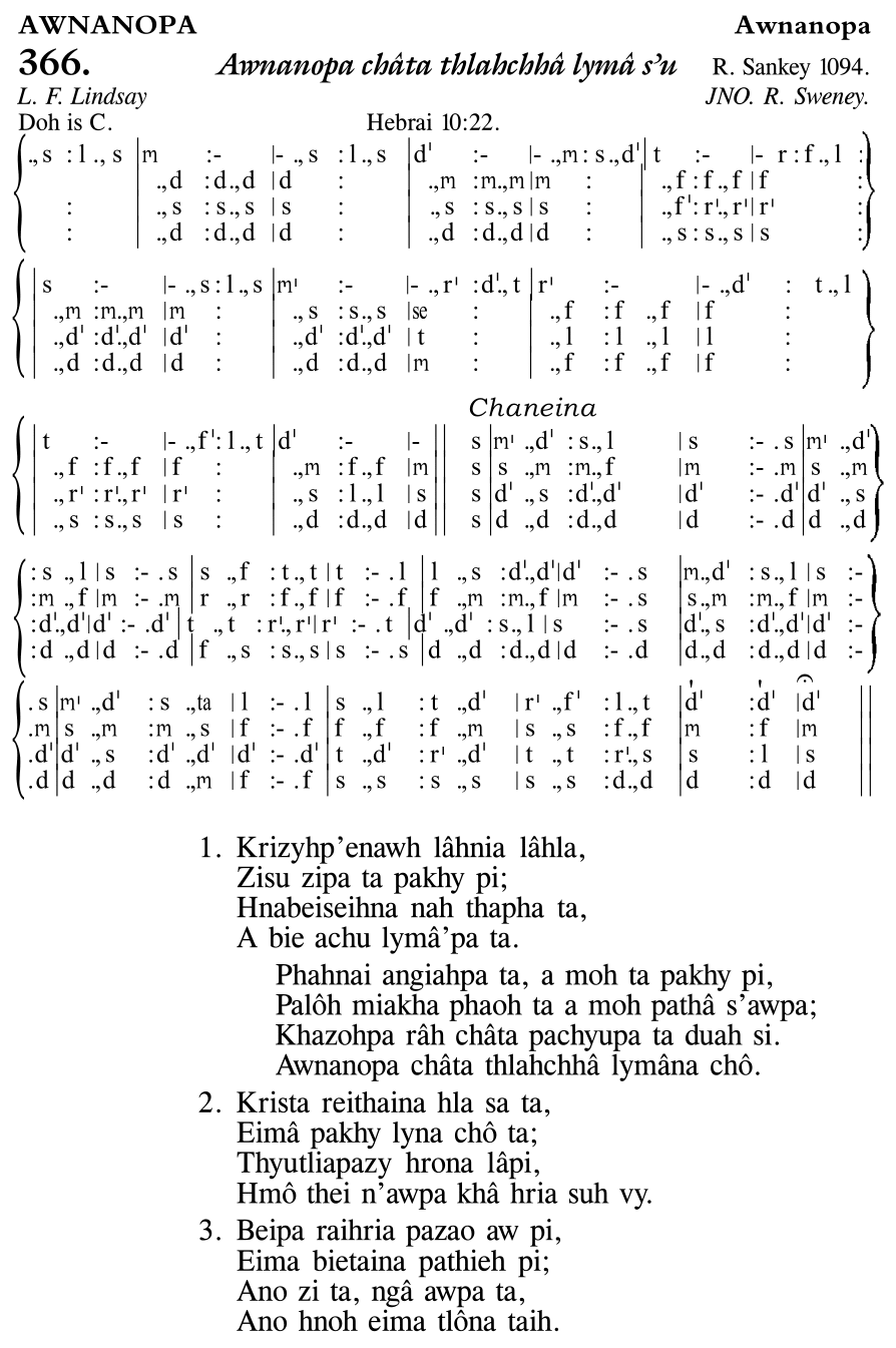 Hymn 366, “Awnanopa châta thlahchhâ lymâ s'u”, Edition 11