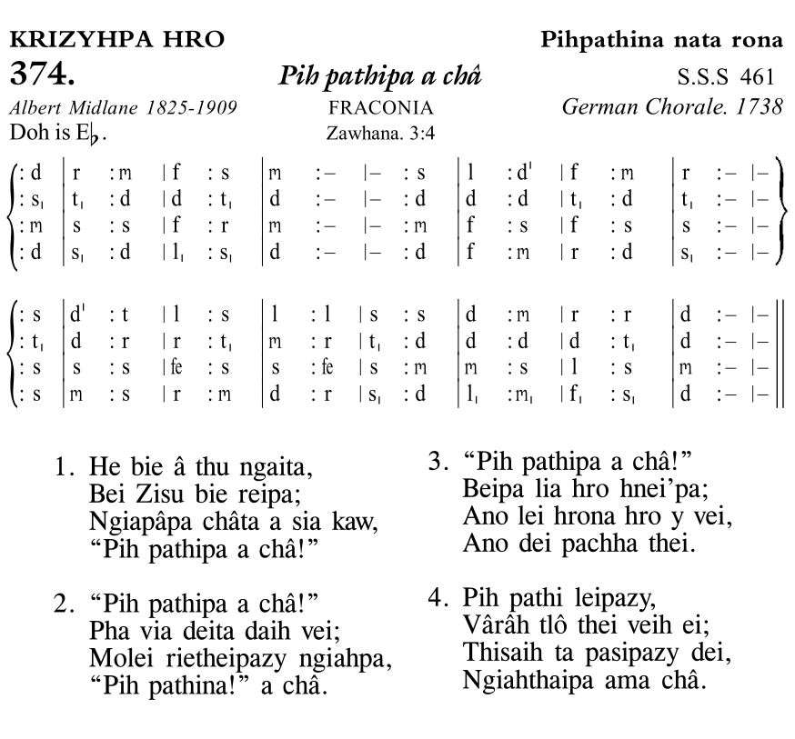 Hymn 374, “Pih pathipa a châ”, Edition 11
