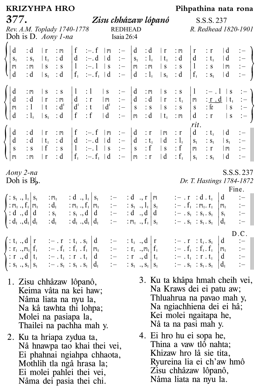 Hymn 377, “Zisu chhâzaw lôpanô”, Edition 11