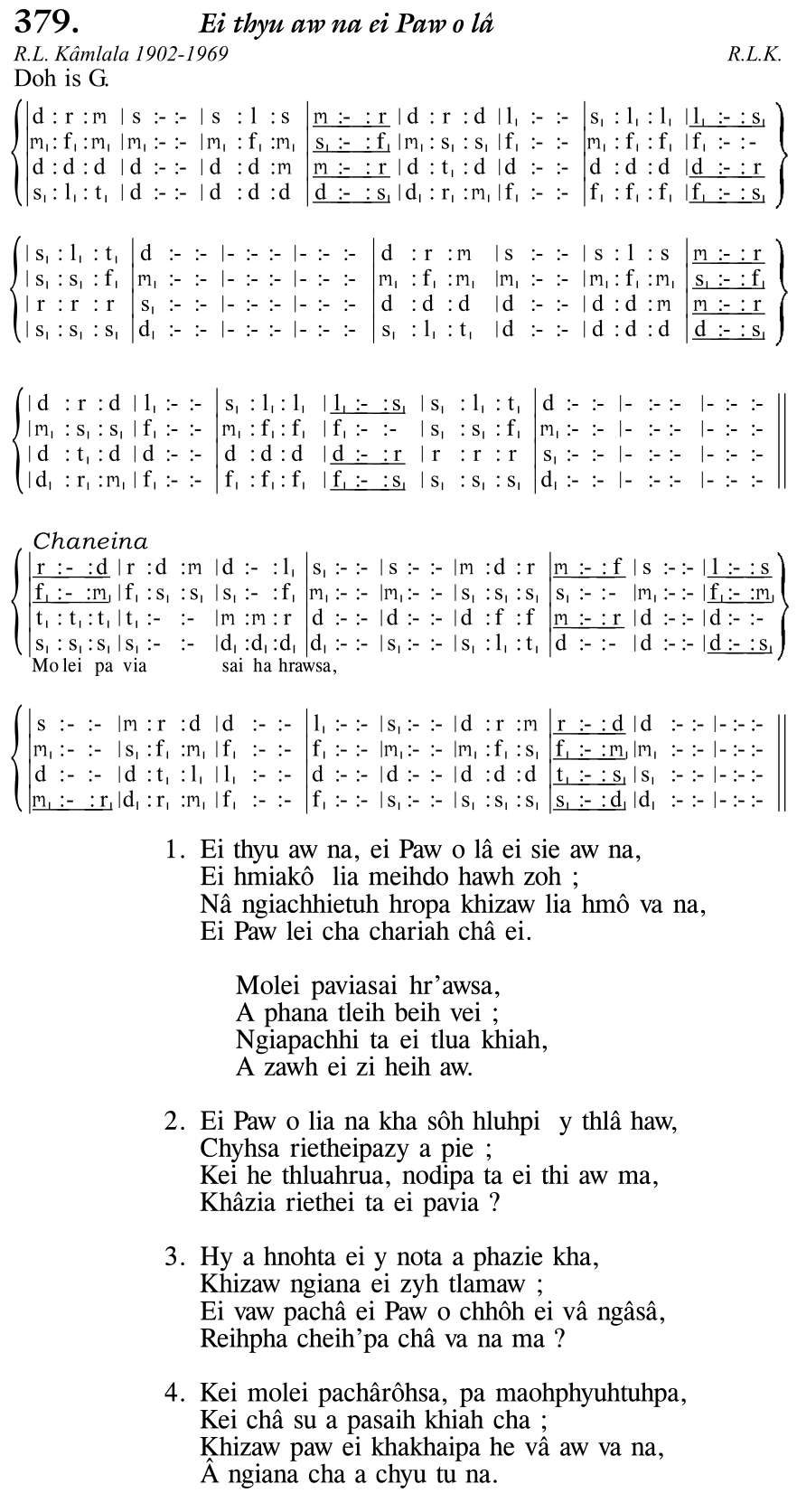 Hymn 379, “Ei thyu aw na ei Paw o lâ”, Edition 11