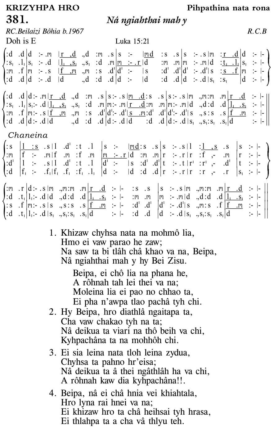 Hymn 381, “Nâ ngiahthai mah y”, Edition 11