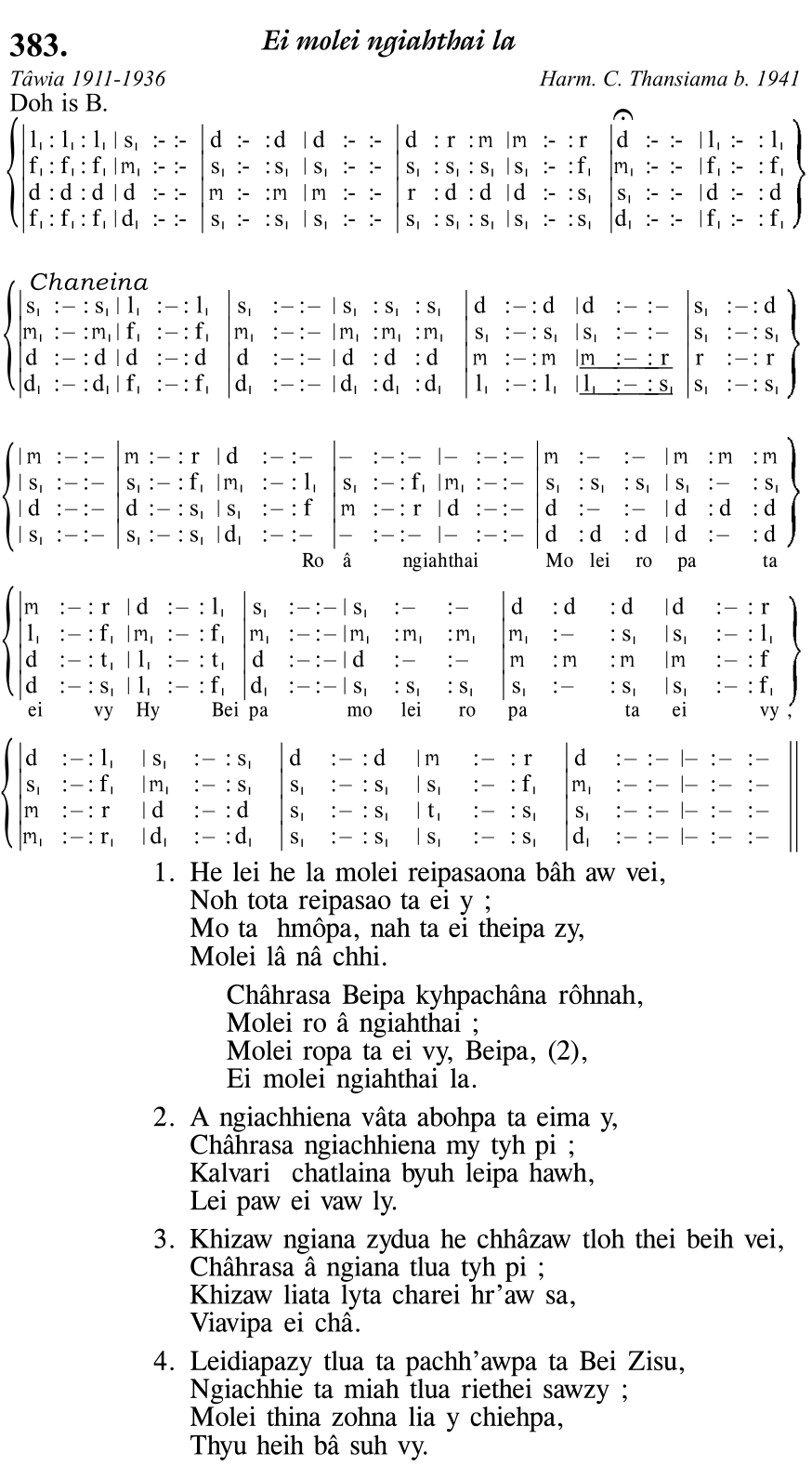 Hymn 383, “Ei molei ngiahthai la”, Edition 11