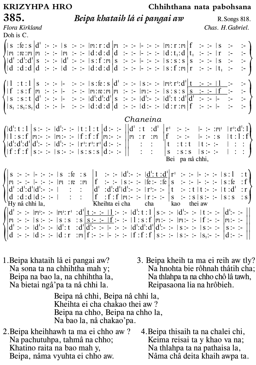 Hymn 385, “Beipa khataih lâ ei pangai aw”, Edition 11