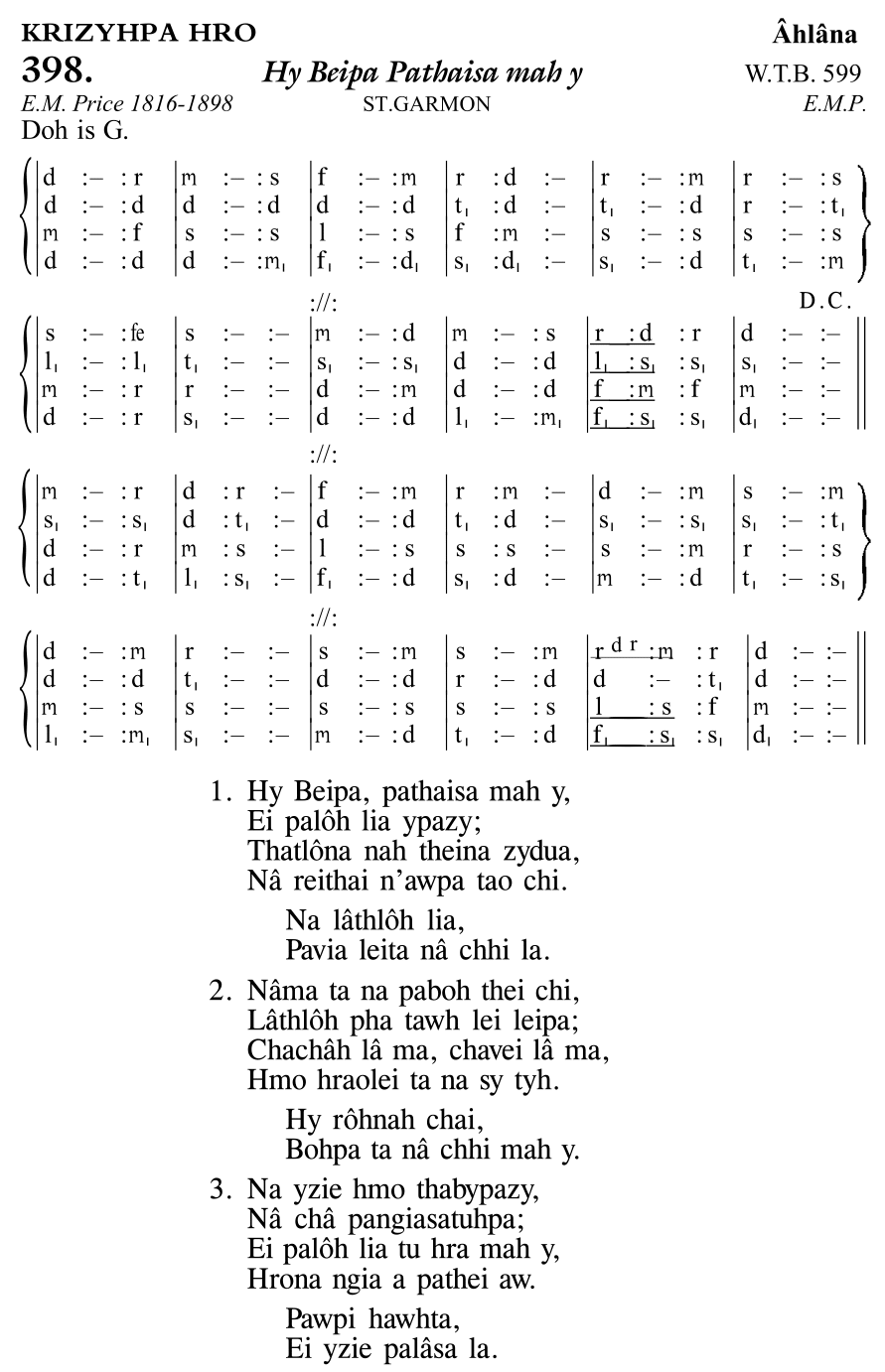 Hymn 398, “Hy Beipa Pathaisa mah y”, Edition 11
