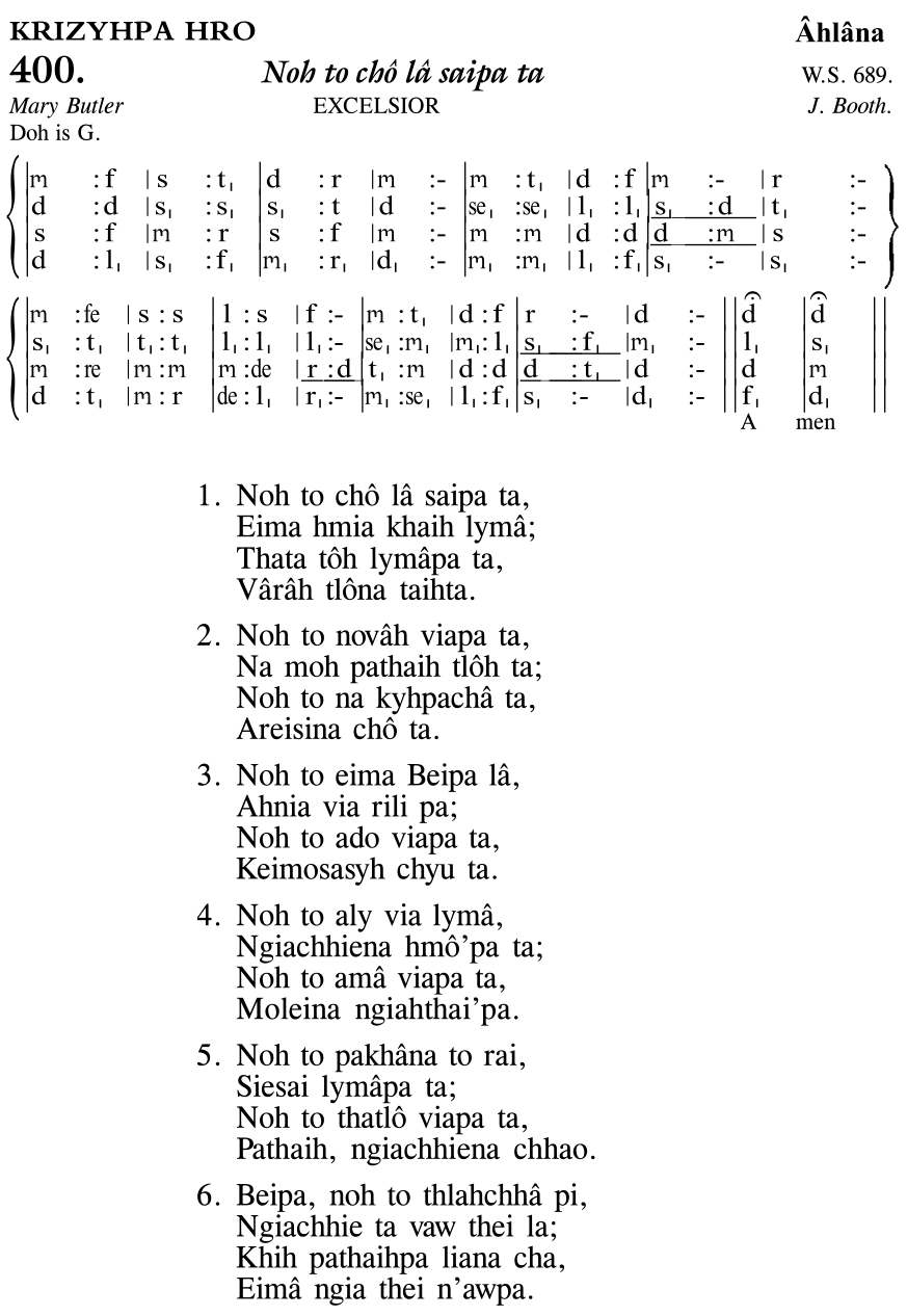 Hymn 400, “Noh to chô lâ saipa ta”, Edition 11